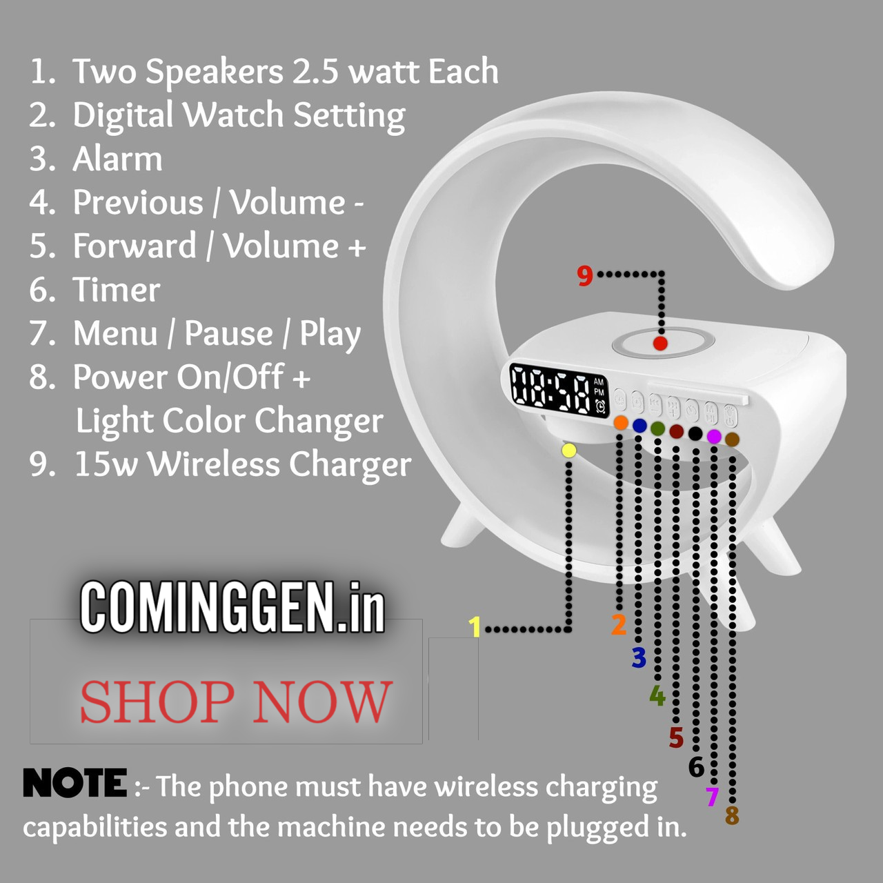 Coming Gen 4 in 1 G Shape Bluetooth Speaker RGB Light & 15w Wireless Charger with Alarm Clock 5 W Bluetooth Party Speaker ( 2.0 Channel)