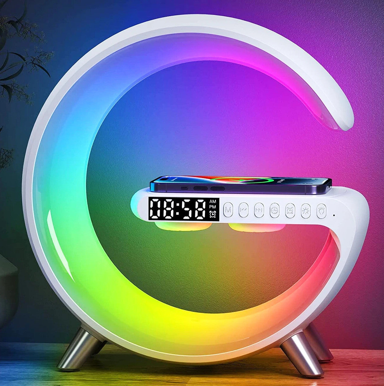 Coming Gen 4 in 1 G Shape Bluetooth Speaker RGB Light & 15w Wireless Charger with Alarm Clock 5 W Bluetooth Party Speaker ( 2.0 Channel)