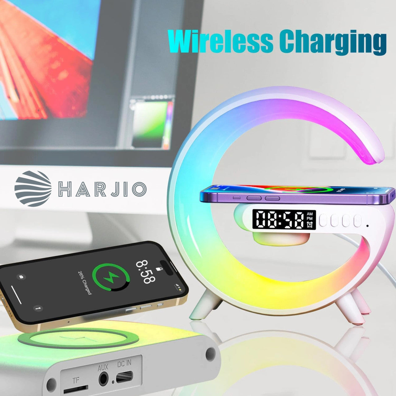 Coming Gen 4 in 1 G Shape Bluetooth Speaker RGB Light & 15w Wireless Charger with Alarm Clock 5 W Bluetooth Party Speaker ( 2.0 Channel)